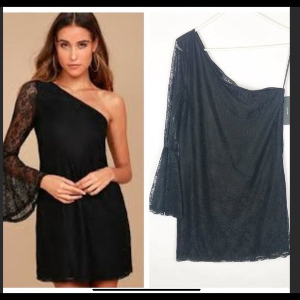 SOLD.  Lulus Come to Play Black Lace One-Shoulder Dress
